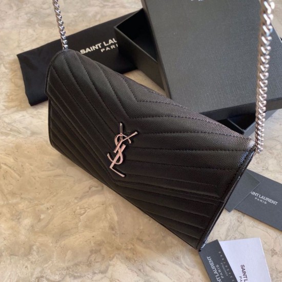Replica YSL Saint Laurent Monogram Envelope Chain Wallet Grained Leather Black Silver Hardware
