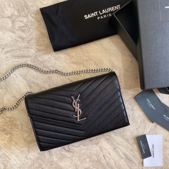 Replica YSL Saint Laurent Monogram Envelope Chain Wallet Grained Leather Black Silver Hardware