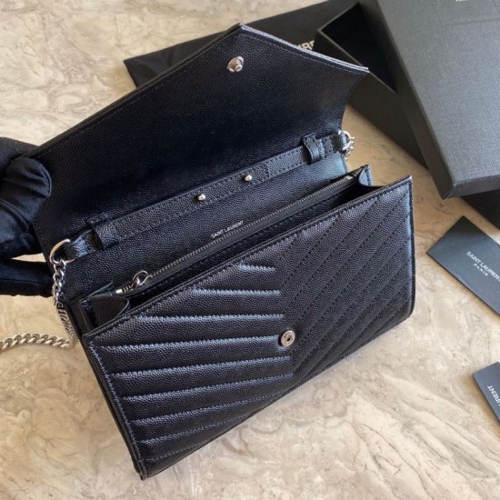 Replica YSL Saint Laurent Monogram Envelope Chain Wallet Grained Leather Black Silver Hardware