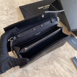 Replica YSL Saint Laurent Monogram Envelope Chain Wallet Grained Leather Black Silver Hardware