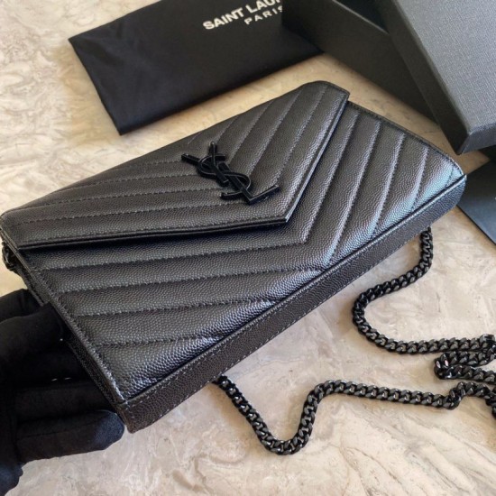 Replica YSL Saint Laurent Monogram Envelope Chain Wallet Grained Leather Black Black Hardware