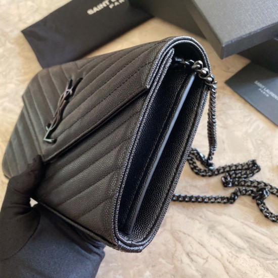 Replica YSL Saint Laurent Monogram Envelope Chain Wallet Grained Leather Black Black Hardware