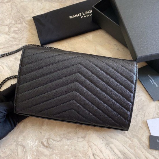 Replica YSL Saint Laurent Monogram Envelope Chain Wallet Grained Leather Black Black Hardware
