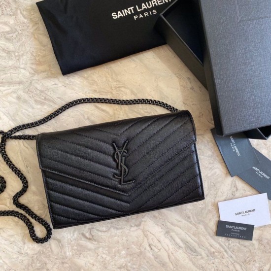 Replica YSL Saint Laurent Monogram Envelope Chain Wallet Grained Leather Black Black Hardware