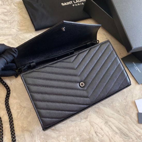 Replica YSL Saint Laurent Monogram Envelope Chain Wallet Grained Leather Black Black Hardware