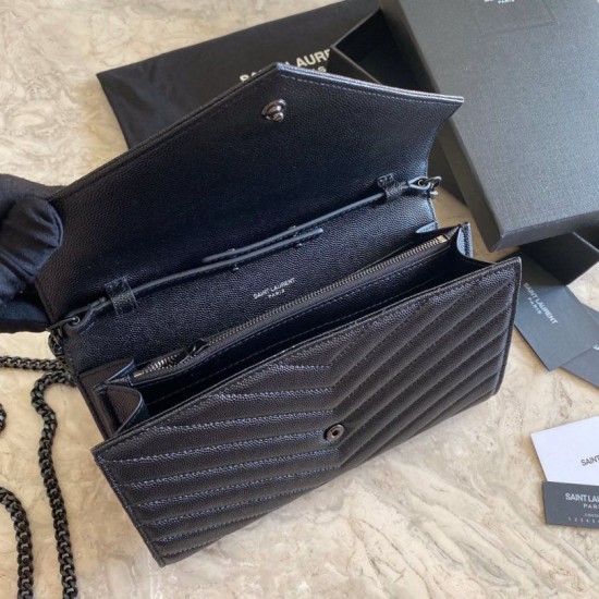 Replica YSL Saint Laurent Monogram Envelope Chain Wallet Grained Leather Black Black Hardware