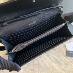 Replica YSL Saint Laurent Monogram Envelope Chain Wallet Grained Leather Black Black Hardware