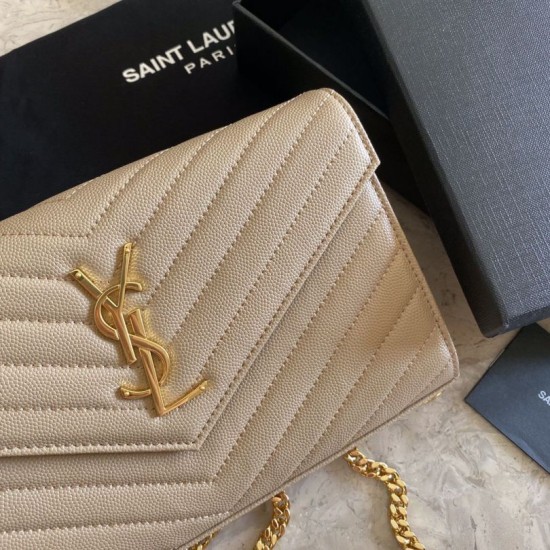 Replica YSL Saint Laurent Monogram Envelope Chain Wallet Grained Leather Apricot