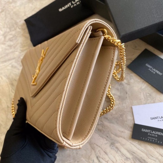 Replica YSL Saint Laurent Monogram Envelope Chain Wallet Grained Leather Apricot