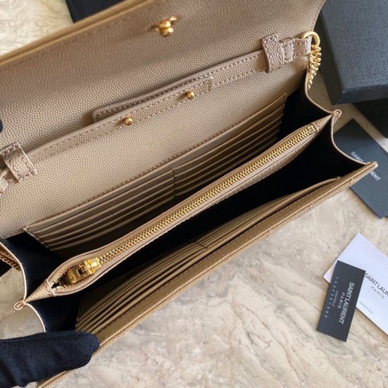 Replica YSL Saint Laurent Monogram Envelope Chain Wallet Grained Leather Apricot