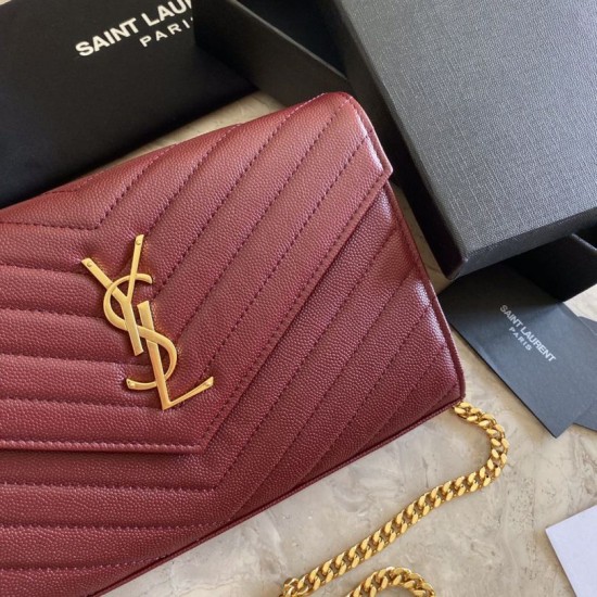 Fake YSL Saint Laurent Monogram Envelope Chain Wallet Grained Leather Claret Replica