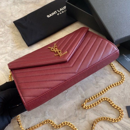 Fake YSL Saint Laurent Monogram Envelope Chain Wallet Grained Leather Claret Replica