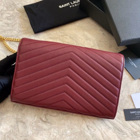 Fake YSL Saint Laurent Monogram Envelope Chain Wallet Grained Leather Claret Replica
