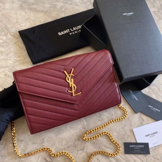 Fake YSL Saint Laurent Monogram Envelope Chain Wallet Grained Leather Claret Replica
