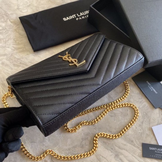 Replica YSL Saint Laurent Monogram Envelope Chain Wallet Grained Leather Black Gold Hardware