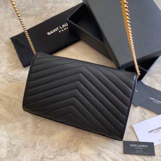 Replica YSL Saint Laurent Monogram Envelope Chain Wallet Grained Leather Black Gold Hardware