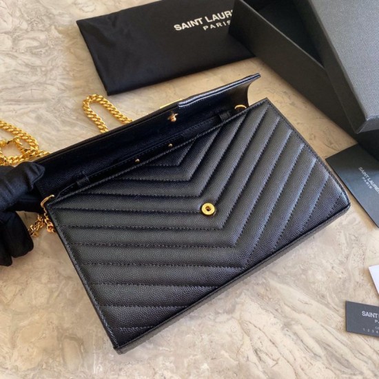 Replica YSL Saint Laurent Monogram Envelope Chain Wallet Grained Leather Black Gold Hardware