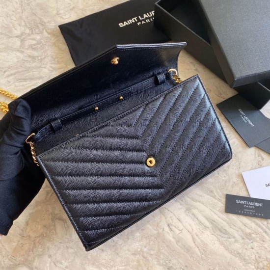 Replica YSL Saint Laurent Monogram Envelope Chain Wallet Grained Leather Black Gold Hardware