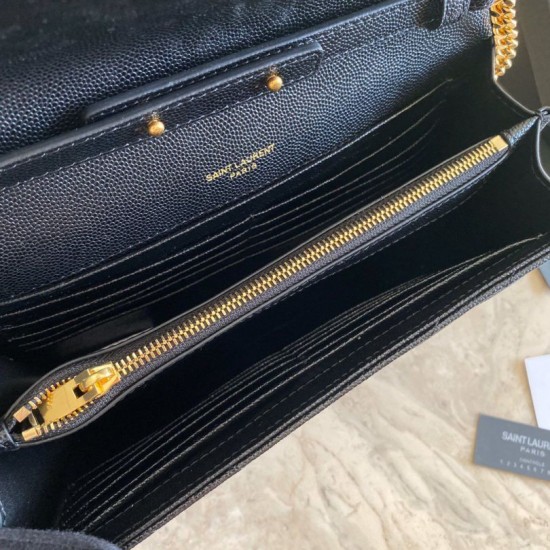 Replica YSL Saint Laurent Monogram Envelope Chain Wallet Grained Leather Black Gold Hardware