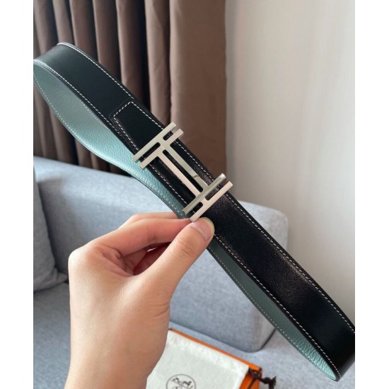Fake Hermes H Au Carre Belt Buckle &amp; Reversible Leather Strap 32mm Light Blue Replica