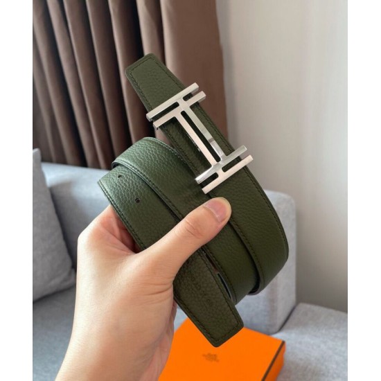 Fake Hermes H Au Carre Belt Buckle &amp; Reversible Leather Strap 32mm Green Replica