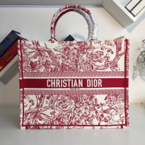 Fake Dior Book Tote Bag Hydrangea Flowers Canvas Red Replica