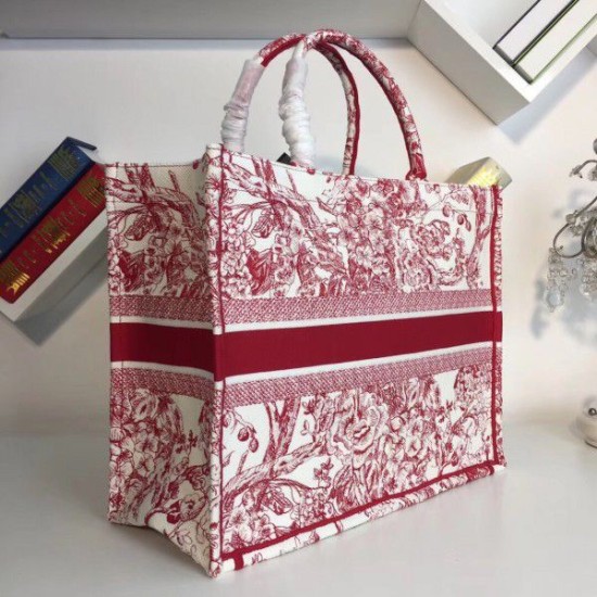 Fake Dior Book Tote Bag Hydrangea Flowers Canvas Red Replica