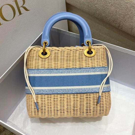 Replica Dior Medium Lady Dior Bag In Wicker and Light Blue Oblique Jacquard