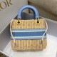 Replica Dior Medium Lady Dior Bag In Wicker and Light Blue Oblique Jacquard