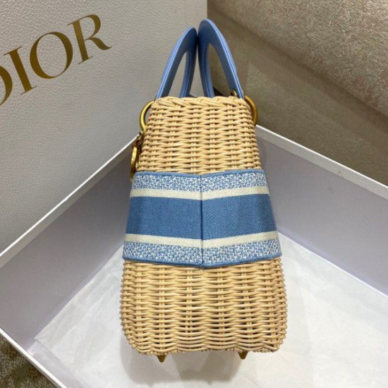 Replica Dior Medium Lady Dior Bag In Wicker and Light Blue Oblique Jacquard