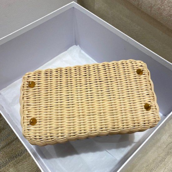 Replica Dior Medium Lady Dior Bag In Wicker and Light Blue Oblique Jacquard