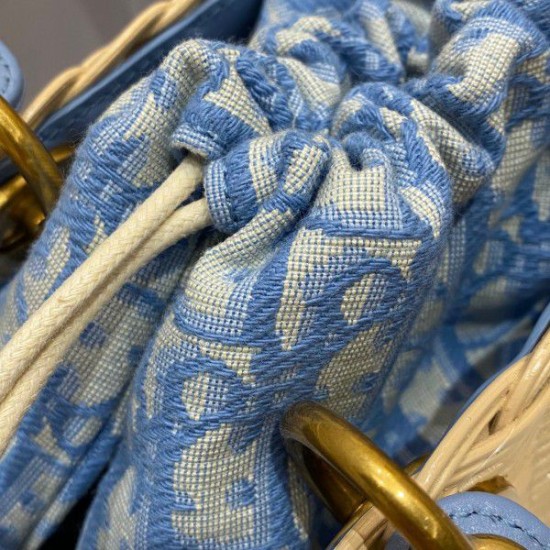 Replica Dior Medium Lady Dior Bag In Wicker and Light Blue Oblique Jacquard