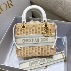 Fake Dior Medium Lady Dior Bag In Wicker and White Oblique Jacquard Replica