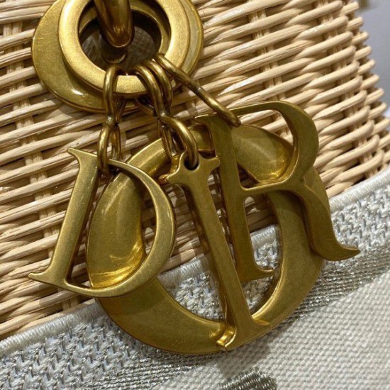 Fake Dior Medium Lady Dior Bag In Wicker and White Oblique Jacquard Replica