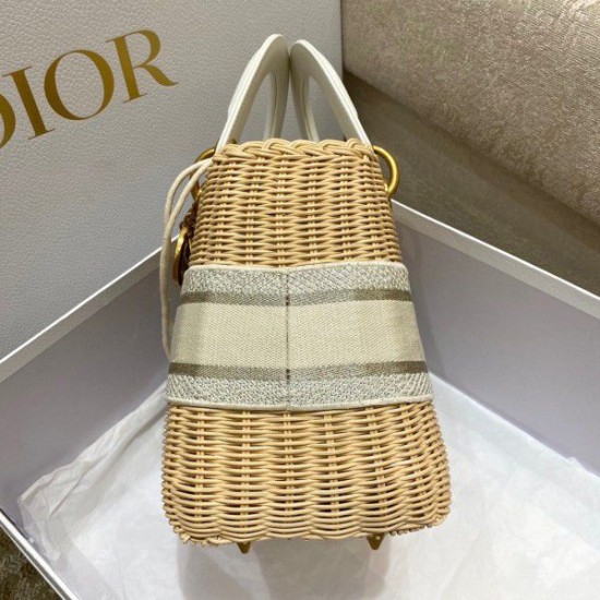 Fake Dior Medium Lady Dior Bag In Wicker and White Oblique Jacquard Replica