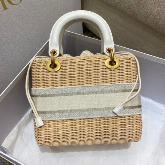 Fake Dior Medium Lady Dior Bag In Wicker and White Oblique Jacquard Replica