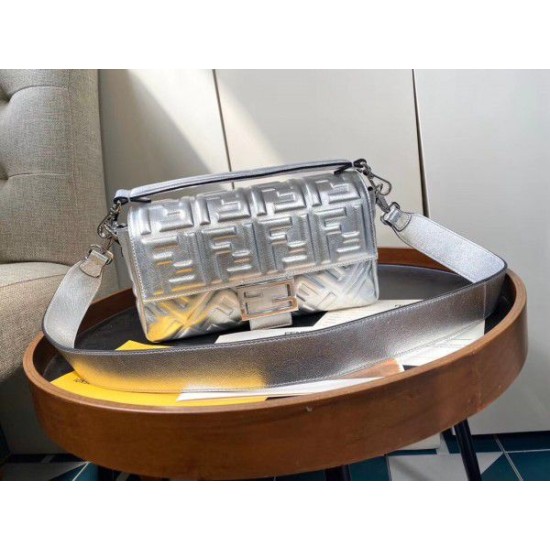 Replica Fendi Baguette Medium Bag With FF Motif Silver