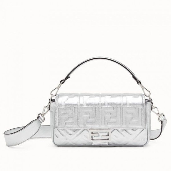 Replica Fendi Baguette Medium Bag With FF Motif Silver