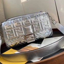 Fake Baguette Large Bag Lambskin With FF Motif Silver Replica