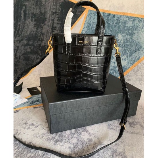 Replica YSL Saint Laurent Paris Mini Toy Shopping In Crocodile-Embossed Leather Black