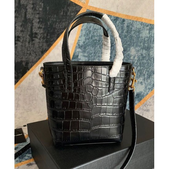 Replica YSL Saint Laurent Paris Mini Toy Shopping In Crocodile-Embossed Leather Black