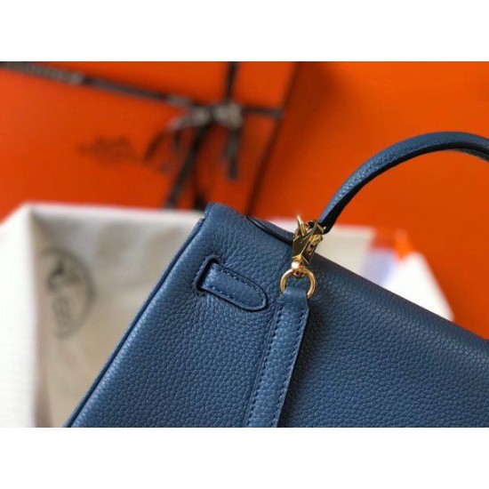 Replica Hermes Kelly 25cm Sellier Bag Clemence Leather Blue