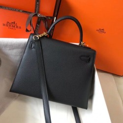 Fake Hermes Kelly 25cm Sellier Bag Epsom Leather Black Replica
