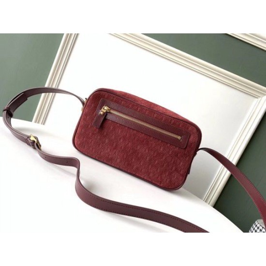 Replica YSL Saint Laurent Monogram All Over Camera Bag In Bordeaux Suede