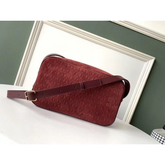 Replica YSL Saint Laurent Monogram All Over Camera Bag In Bordeaux Suede