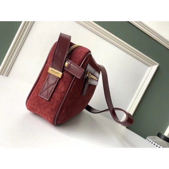 Replica YSL Saint Laurent Monogram All Over Camera Bag In Bordeaux Suede