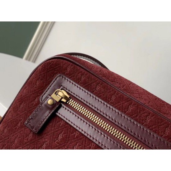 Replica YSL Saint Laurent Monogram All Over Camera Bag In Bordeaux Suede