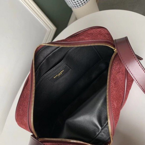 Replica YSL Saint Laurent Monogram All Over Camera Bag In Bordeaux Suede