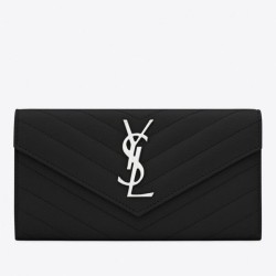 Fake YSL Saint Laurent Large Monogram Flap Wallet Black Silver Replica