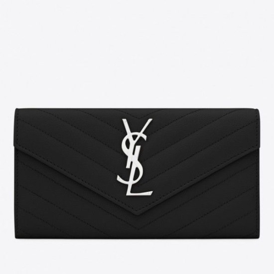 Fake YSL Saint Laurent Large Monogram Flap Wallet Black Silver Replica